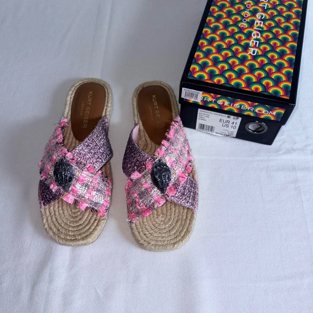 Kurt Geiger London Espadrille Slide 10  Eu 41 Pink Tweed Eagle Head Woven Flat